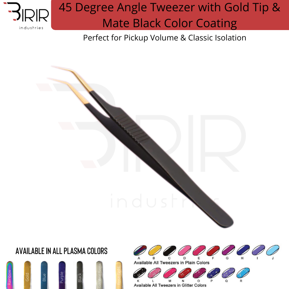 45 Degree Angle Tweezer With Gold Tip & Mate Black Color Coating