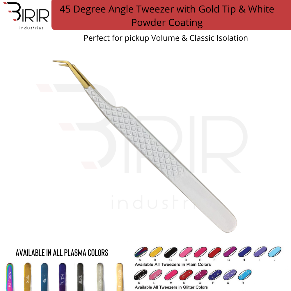 45 Degree Angle Tweezer With Gold Tip & White Color Coating