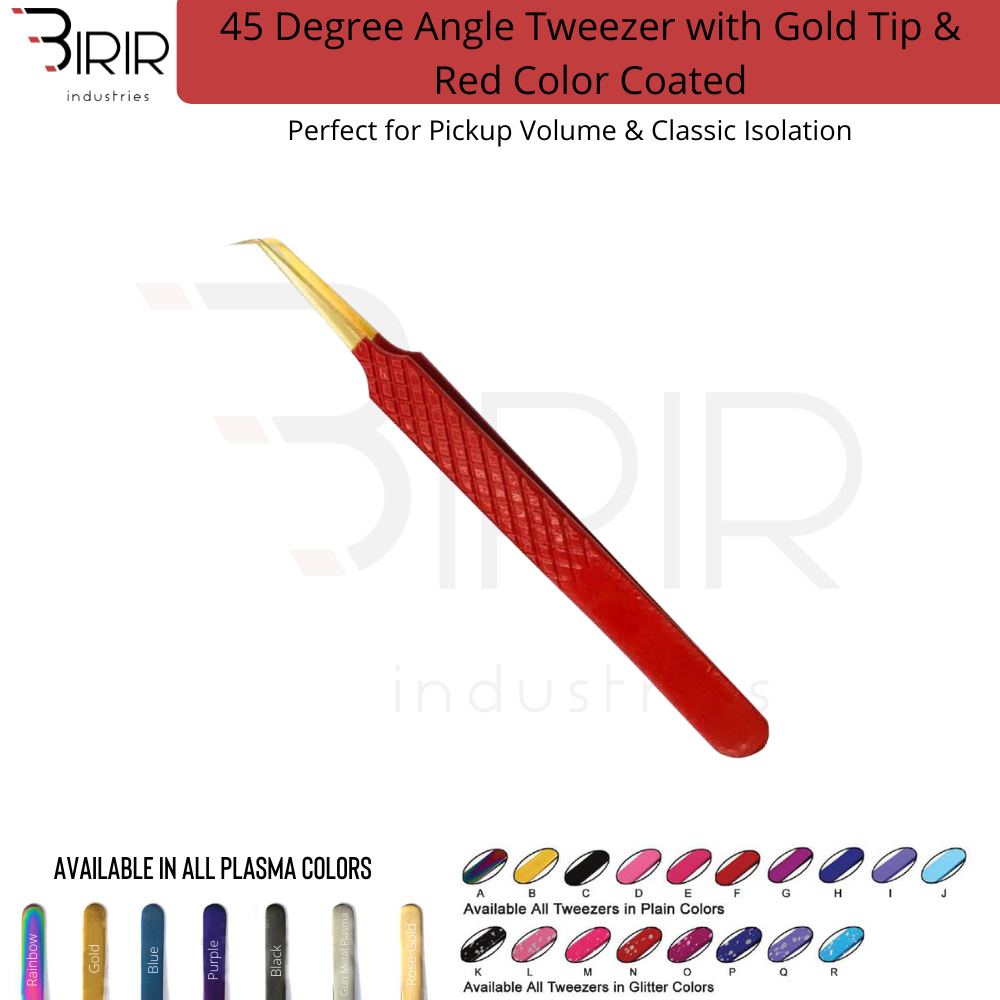 45 Degree Eyelash Tweezer With Gold Tip & Red Color Coating