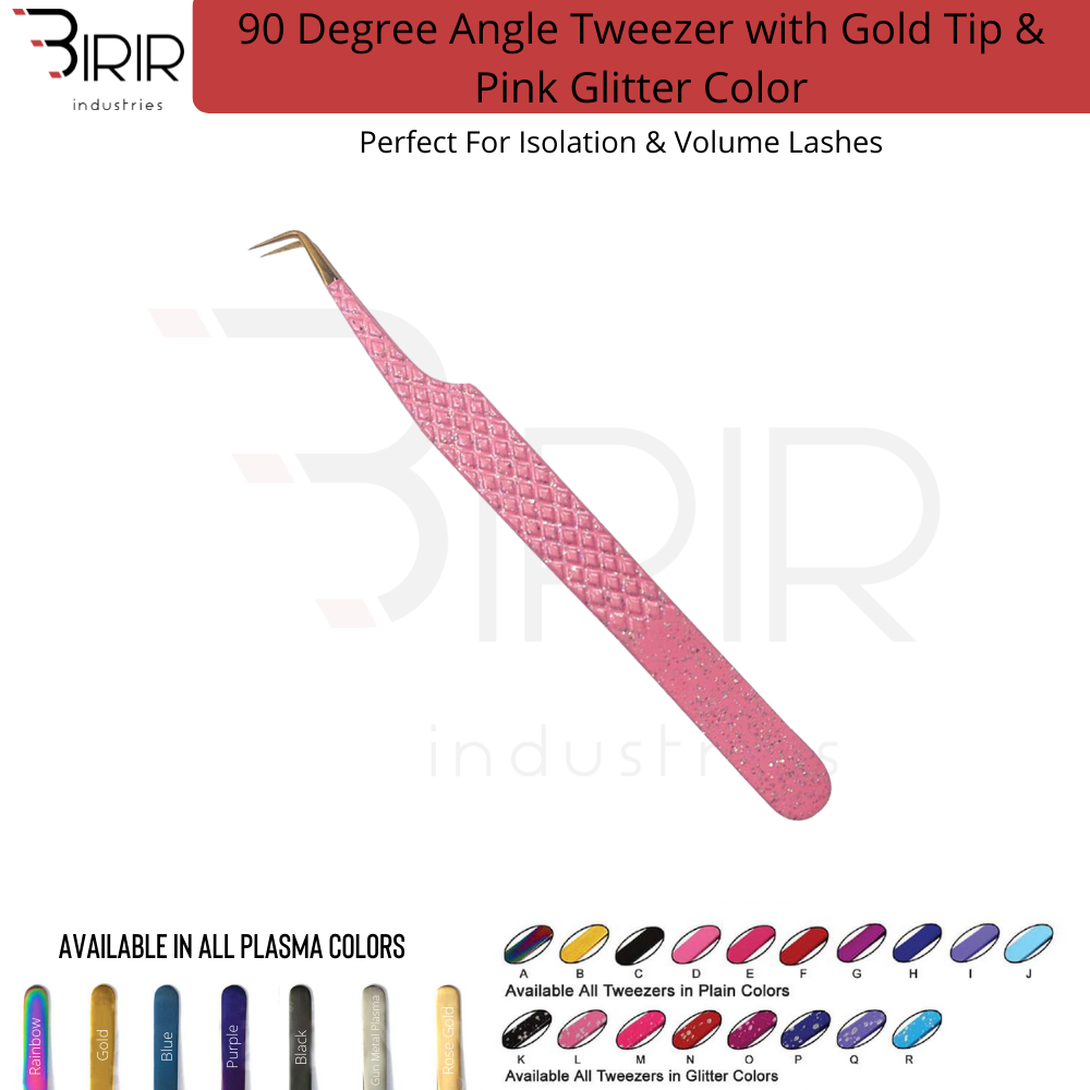 90 Degree Angle Tweezer With Gold Tip & Pink Glitter Grip