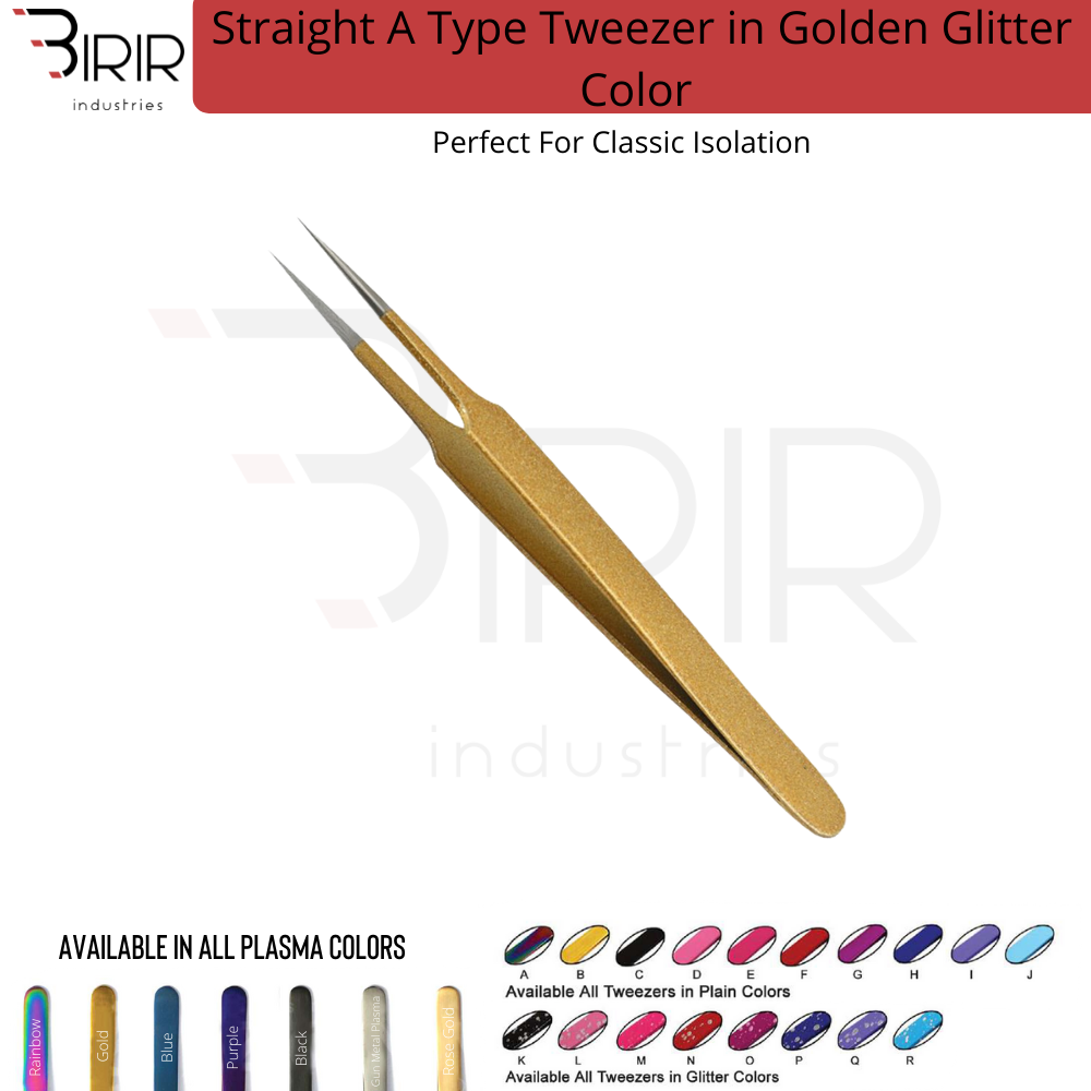 A-Type Straight Lash Extension Tweezer With Golden Glitter Grip